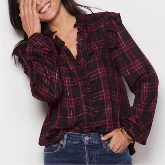 Evereve Tops - BOGO! EVEREVE Plaid Ruffle Button Front Blouse Red Gold Metallic Small